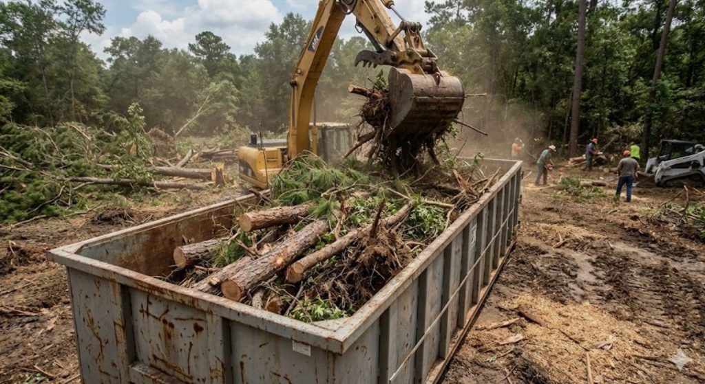 An excavator with a grapple attachment loads pine logs and brush into a large open-top roll-off dumpster at a land clearing site.