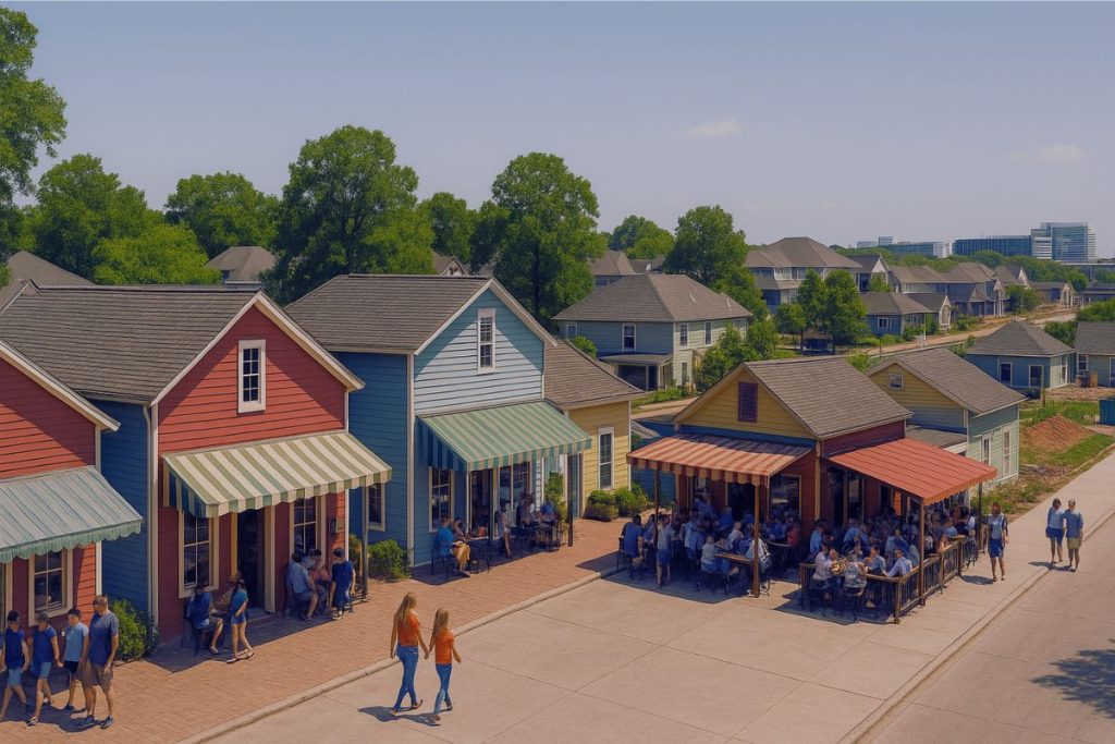 Historic main street in Old Town Spring, Texas with colorful storefronts, families shopping, outdoor dining, and residential neighborhoods in the background.